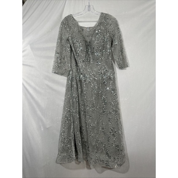 NWT $458 La Femme [ 10 ] 30002 Lace Beaded Short Midi A Line Dress Silver S2106 - Picture 8 of 13